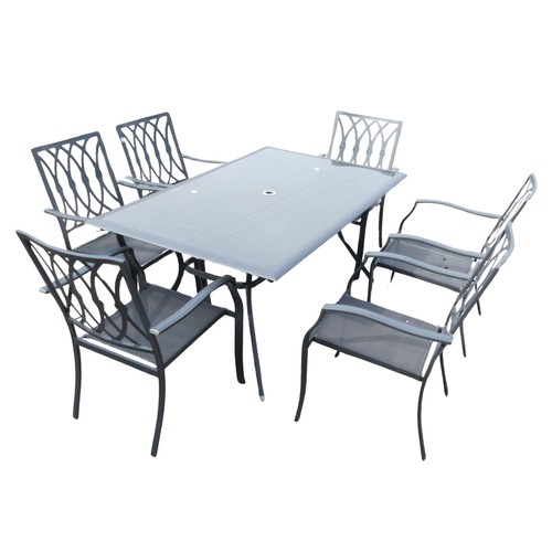 354 - A contemporary glass-topped garden / conservatory Table, together with six matching Chairs, (table) ... 