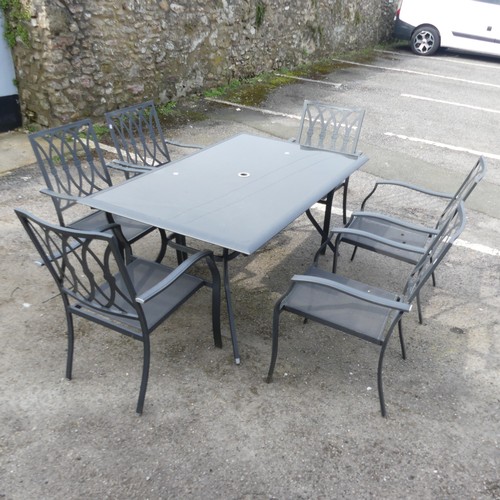 354 - A contemporary glass-topped garden / conservatory Table, together with six matching Chairs, (table) ... 