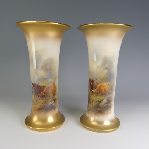 254 - A pair of Harry Stinton for Royal Worcester Highland Cattle Sleeve Vases, with flared rim and base h... 