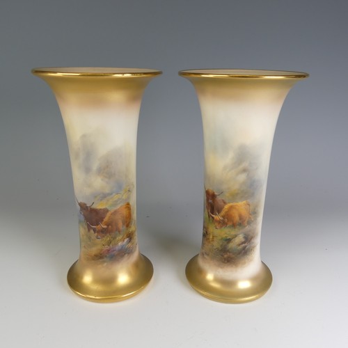 254 - A pair of Harry Stinton for Royal Worcester Highland Cattle Sleeve Vases, with flared rim and base h... 