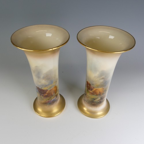 254 - A pair of Harry Stinton for Royal Worcester Highland Cattle Sleeve Vases, with flared rim and base h... 