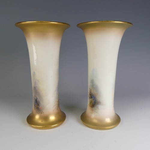 254 - A pair of Harry Stinton for Royal Worcester Highland Cattle Sleeve Vases, with flared rim and base h... 