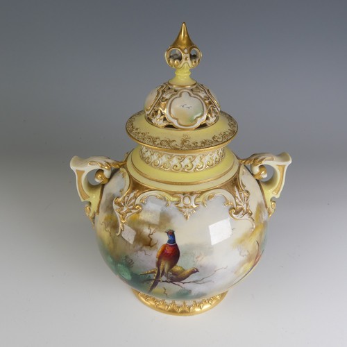 255 - A Hadley ware Royal Worcester porcelain Pot Pourri Urn, decorated with finely handpainted depictions... 