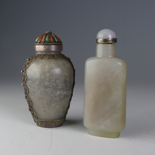 187 - A 19thC Chinese jade Snuff Bottle, of shouldered rectangular form, with associated top with silver c... 