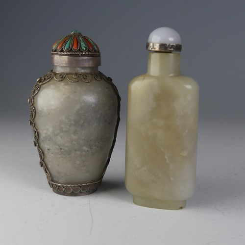 187 - A 19thC Chinese jade Snuff Bottle, of shouldered rectangular form, with associated top with silver c... 