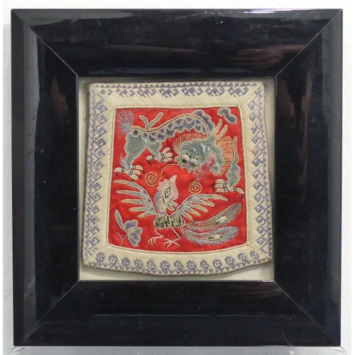 198 - Three small antique Chinese embroidered silk Panels, two depicting butterflies and dragonflies, 15cm... 