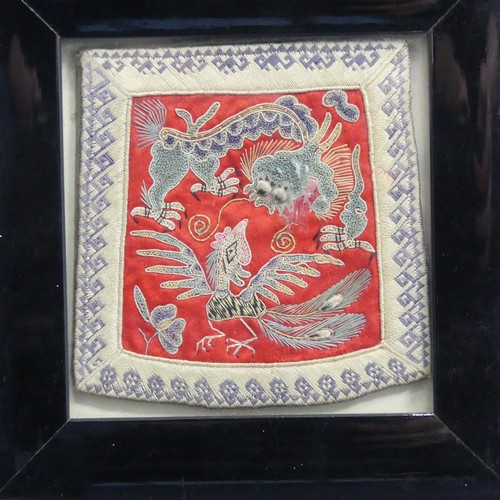 198 - Three small antique Chinese embroidered silk Panels, two depicting butterflies and dragonflies, 15cm... 