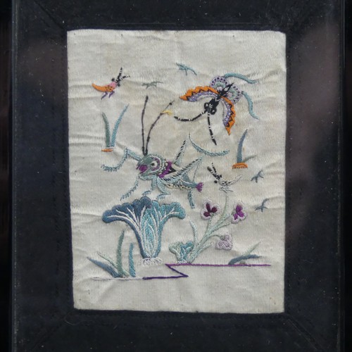 198 - Three small antique Chinese embroidered silk Panels, two depicting butterflies and dragonflies, 15cm... 