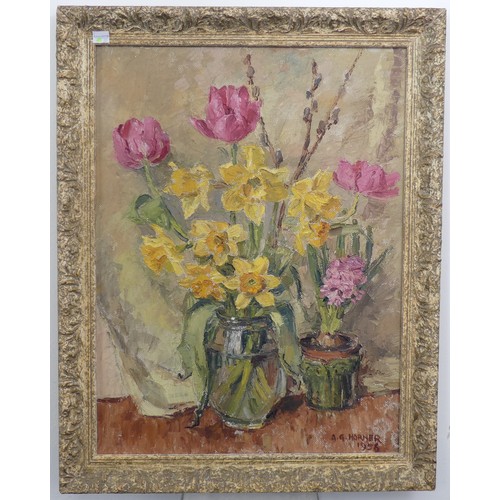 331 - A. G. Horner (Mid-20th century), Still life jars of Flowers, oil on board, signed and dated 1956 low... 