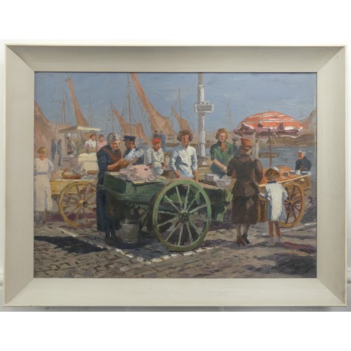 330 - A. G. Horner (Mid-20th century), A Fish Market, oil on board, signed and dated 19** lower right, 46c... 