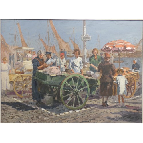 330 - A. G. Horner (Mid-20th century), A Fish Market, oil on board, signed and dated 19** lower right, 46c... 