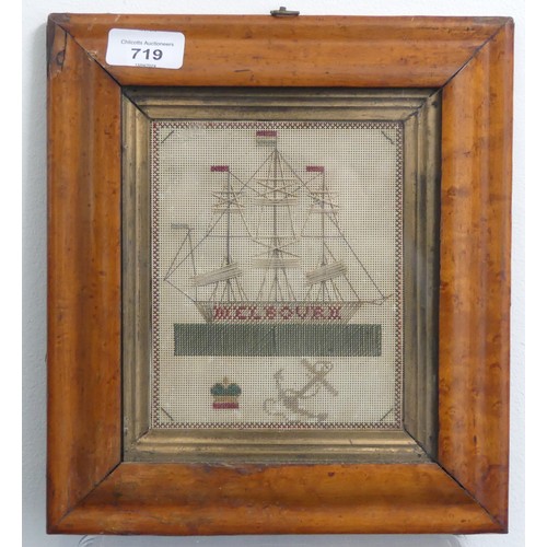 719 - A small Georgian Sampler, depicting a three-mast sailing ship, inscribed 'Melbourn', with crown and ... 