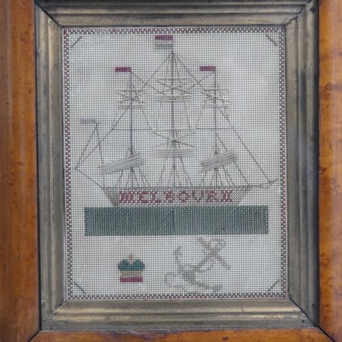 719 - A small Georgian Sampler, depicting a three-mast sailing ship, inscribed 'Melbourn', with crown and ... 