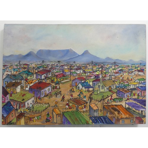 288 - Andriette Burger, (20th century), Township  by Table Mountain, oil on canvas, signed, 35cm x 50cm, u... 