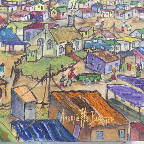 288 - Andriette Burger, (20th century), Township  by Table Mountain, oil on canvas, signed, 35cm x 50cm, u... 