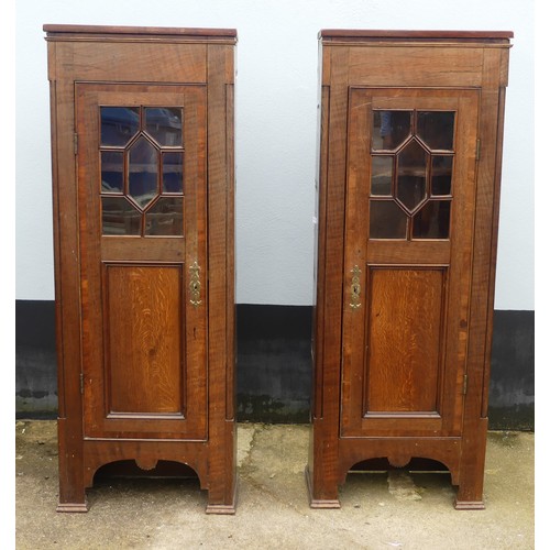 699 - A pair of oak early 20th century astral glazed hall Cabinets, missing central connecting shelves, W ... 