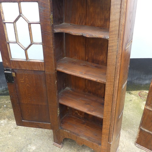 699 - A pair of oak early 20th century astral glazed hall Cabinets, missing central connecting shelves, W ... 