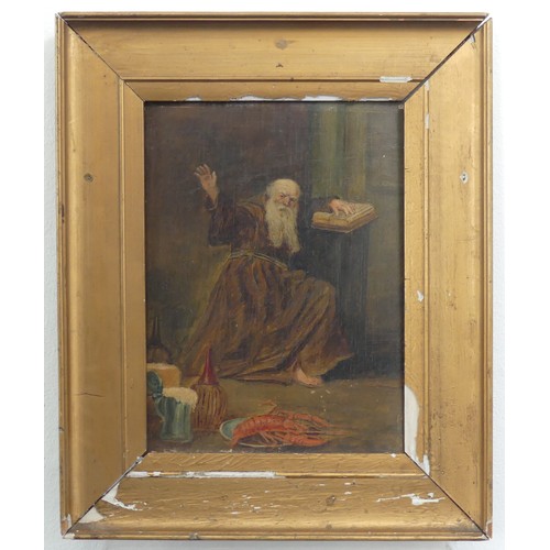 305 - 19th century Continental School, Interior scene with Monk and Lobster, oil on panel, 20cm x 15cm, fr... 