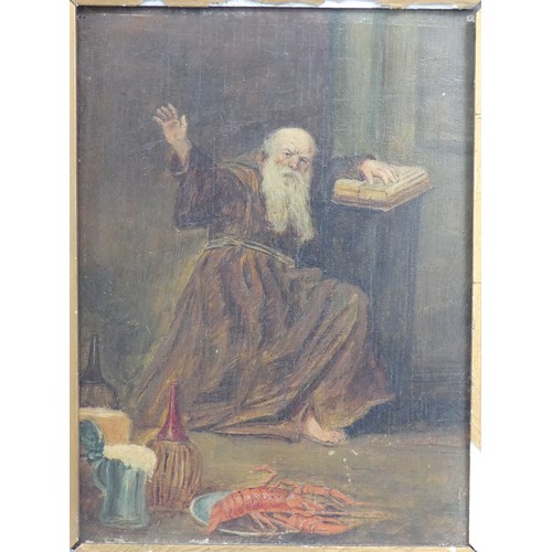 305 - 19th century Continental School, Interior scene with Monk and Lobster, oil on panel, 20cm x 15cm, fr... 