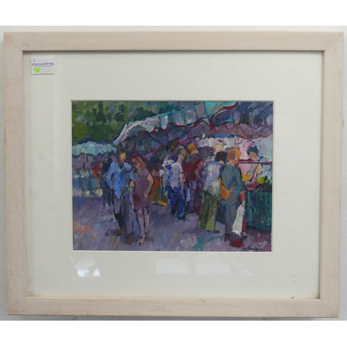 270 - Pat Preater (Modern British), Street Market, acrylic on board, signed, 15cm x 20cm, framed.... 