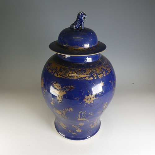 48 - A large antique Chinese porcelain powder blue Temple Jar, in the Kangxi style, decorated in overglaz... 