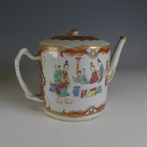 51 - An antique Chinese porcelain Teapot, red scale decoration with colourful enamels of figures, cross o... 