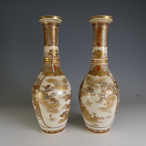 184 - A pair of early 20thC Japanese satsuma Vases, of elongated bottle form, decorated in typical palette... 