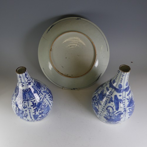 163 - An antique Chinese blue and white bottle Vase, decorated underglaze in flora and fauna, the neck cut... 