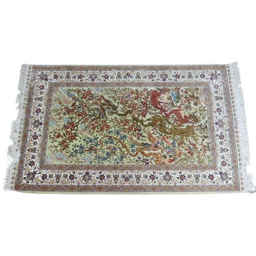 345 - Tribal Rugs; a finely hand-knotted Persian pictorial rug, silk pile on silk base, pale green and gro... 