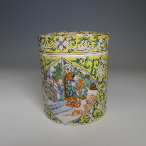 172 - An antique Chinese porcelain famille jaune Pot and Cover, of cylindrical form, with central cartouch... 