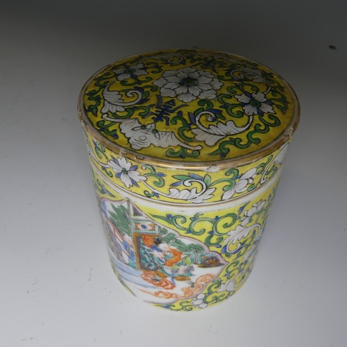 172 - An antique Chinese porcelain famille jaune Pot and Cover, of cylindrical form, with central cartouch... 