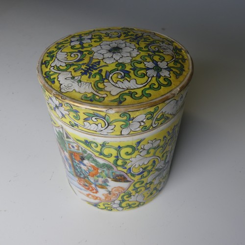 172 - An antique Chinese porcelain famille jaune Pot and Cover, of cylindrical form, with central cartouch... 