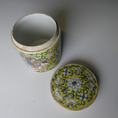 172 - An antique Chinese porcelain famille jaune Pot and Cover, of cylindrical form, with central cartouch... 