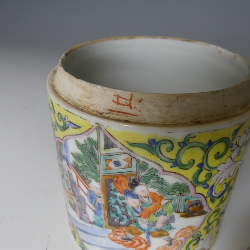 172 - An antique Chinese porcelain famille jaune Pot and Cover, of cylindrical form, with central cartouch... 