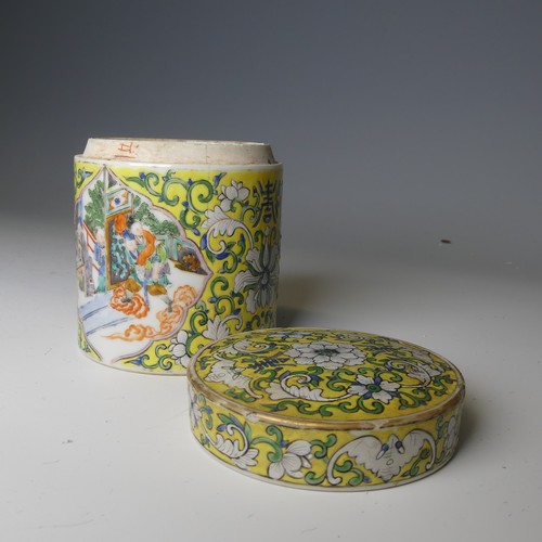 172 - An antique Chinese porcelain famille jaune Pot and Cover, of cylindrical form, with central cartouch... 