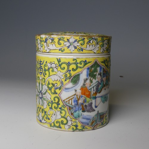 172 - An antique Chinese porcelain famille jaune Pot and Cover, of cylindrical form, with central cartouch... 