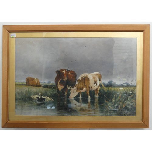 319 - Frederick E. Valter (British, 1850-1930),  Cattle Watering, watercolour, signed and dated 1887, 35cm... 