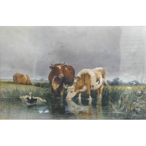 319 - Frederick E. Valter (British, 1850-1930),  Cattle Watering, watercolour, signed and dated 1887, 35cm... 