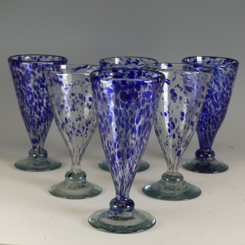 213 - A matched set of six Murano-type blue Glasses, of spotted blue design, of conicular form on knop ste... 