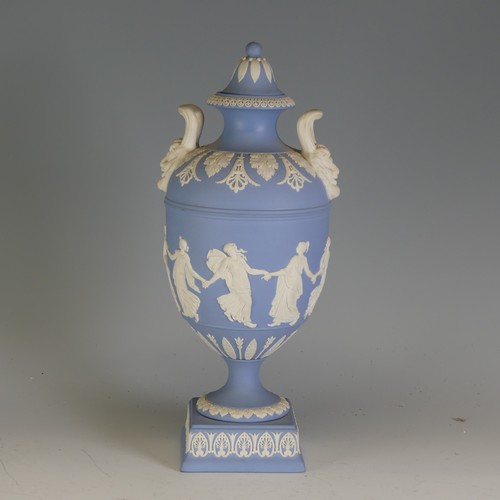 247 - A Wedgwood Jasperware twin-handled Urn, with 'Dancing Hours' decoration and Bacchus mask handles, do... 