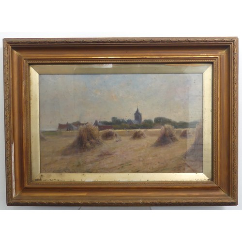 314 - Arthur S. Edward (19th century), Wheat sheaves in a rural landscape with church, oil on canvas, sign... 