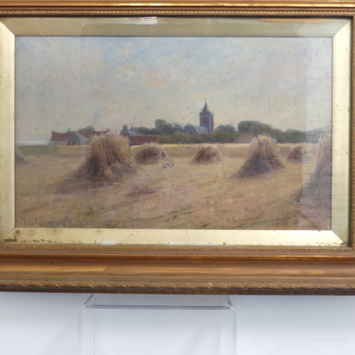 314 - Arthur S. Edward (19th century), Wheat sheaves in a rural landscape with church, oil on canvas, sign... 