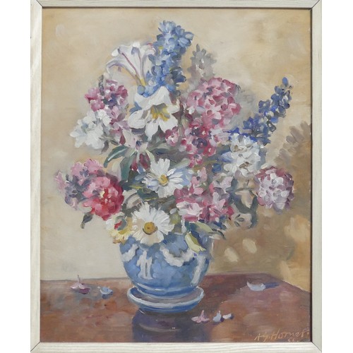 331 - A. G. Horner (Mid-20th century), Still life jars of Flowers, oil on board, signed and dated 1956 low... 