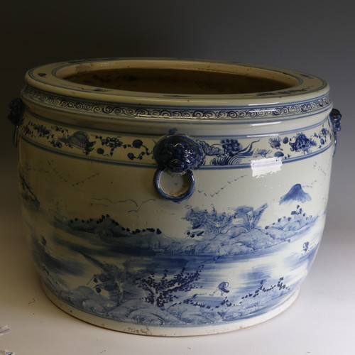 185 - A large 19thC Chinese blue and white porcelain Jardiniere, decorated in mountainous landscape, D 49c... 