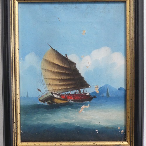 155 - Chinese School, Junks at Sea, oil on canvas, a pair, 20cm x 16cm, framed, together with three other ... 