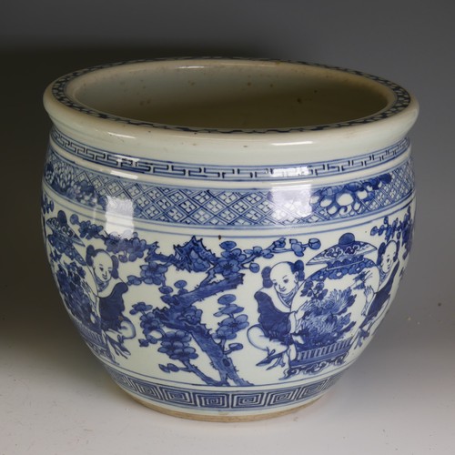 199 - An early 20thC Chinese porcelain blue and white Jardiniere, decorated with figures flanking a large ... 