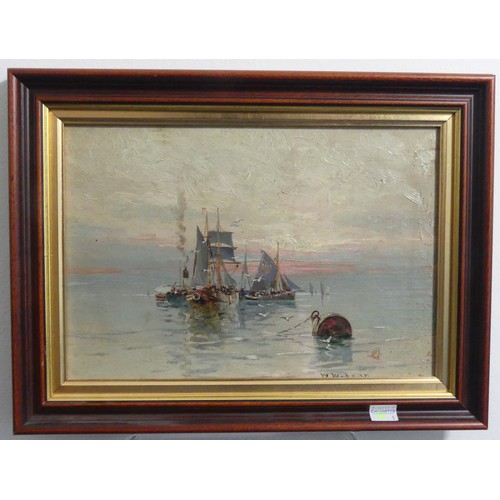 327 - W. Wilson, Fishing boats at sea, a pair, oil on canvas, signed, 25cm x 35cm, framed (2)... 