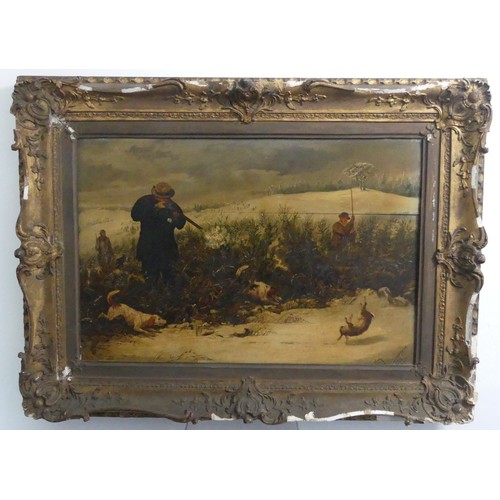 310 - 19th century Continental School, A winter shoot, oil on panel, bears a signature 