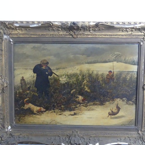 310 - 19th century Continental School, A winter shoot, oil on panel, bears a signature 