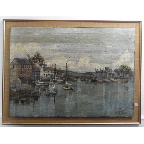 328 - F. J. Dempsey (20th century), Fishing village with boats and buildings by the quay, possibly Kent, o... 